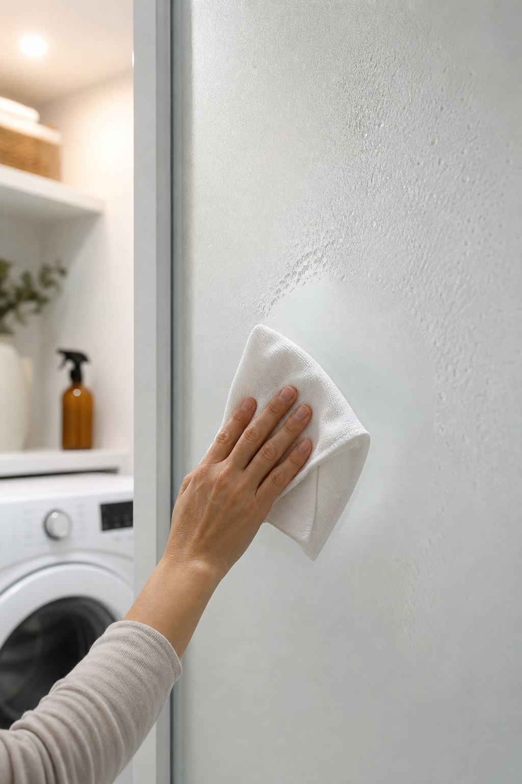 Microfibre cloth wiping condensation from a frosted glass barn door panel in a white laundry room