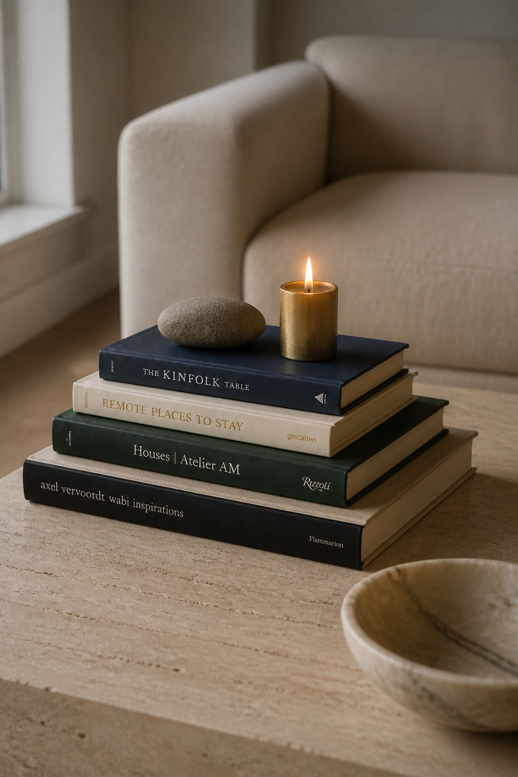 A curated stack of four hardcover coffee table books arranged largest to smallest on a travertine table, topped with a river stone and brass candle holder, demonstrating the pyramid stacking technique for coffee table book decor