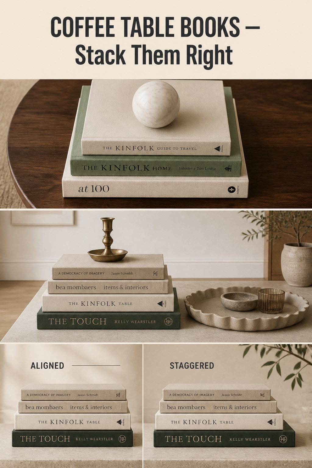 Pinterest collage showing three coffee table book decor arrangements — overhead stack of three books with marble sphere, four-book stack beside a tray with brass candlestick, and close-up comparing spine alignment versus stagger — with headline 'Coffee Table Books: Stack Them Right'