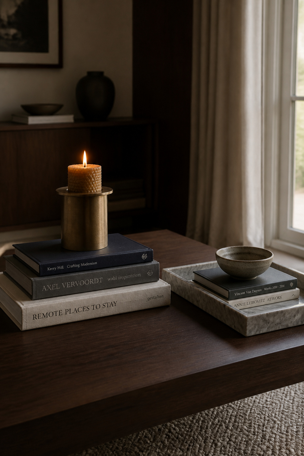 A dark walnut coffee table showing a 3-book stack used as a riser elevating a brass candle holder on the left, and a marble tray with two books and a ceramic bowl on the right, demonstrating the classic book stack beside tray arrangement