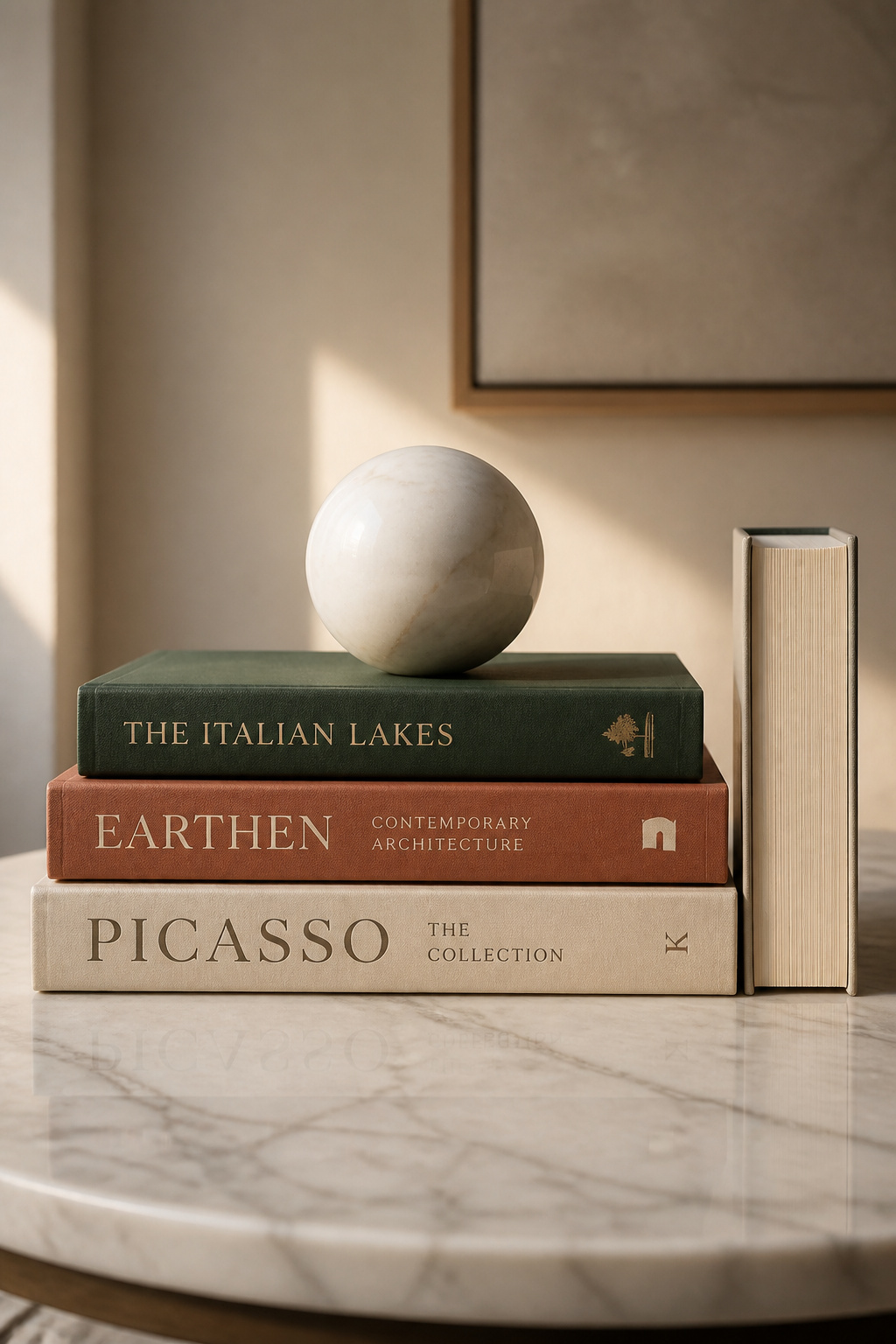 A three-book stack showing deliberate 3-tone spine colour coordination in cream, terracotta, and forest green, with a single reversed-spine book to the right illustrating the targeted use of spines-backward as a fix for one clashing title