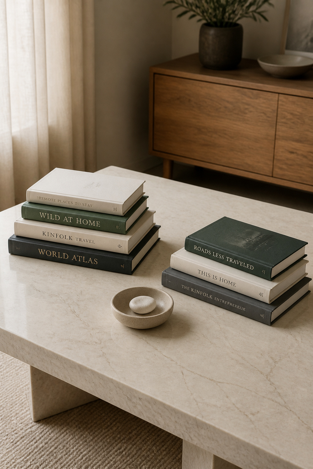Side-by-side comparison on a marble coffee table showing a 4-book aligned pyramid stack on the left and a 3-book deliberately staggered stack on the right, illustrating two legitimate stacking techniques for coffee table book decor