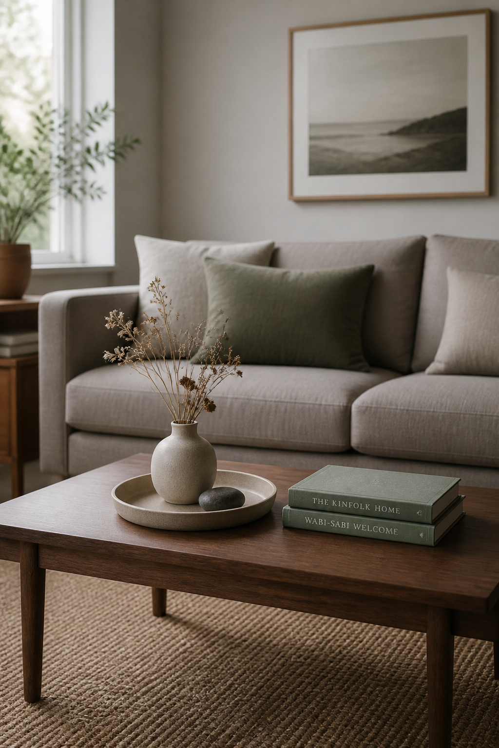 Walnut coffee table styled with ceramic tray, stacked books and ceramic vase coordinated in taupe and sage tones echoing the warm grey linen sofa and natural jute rug