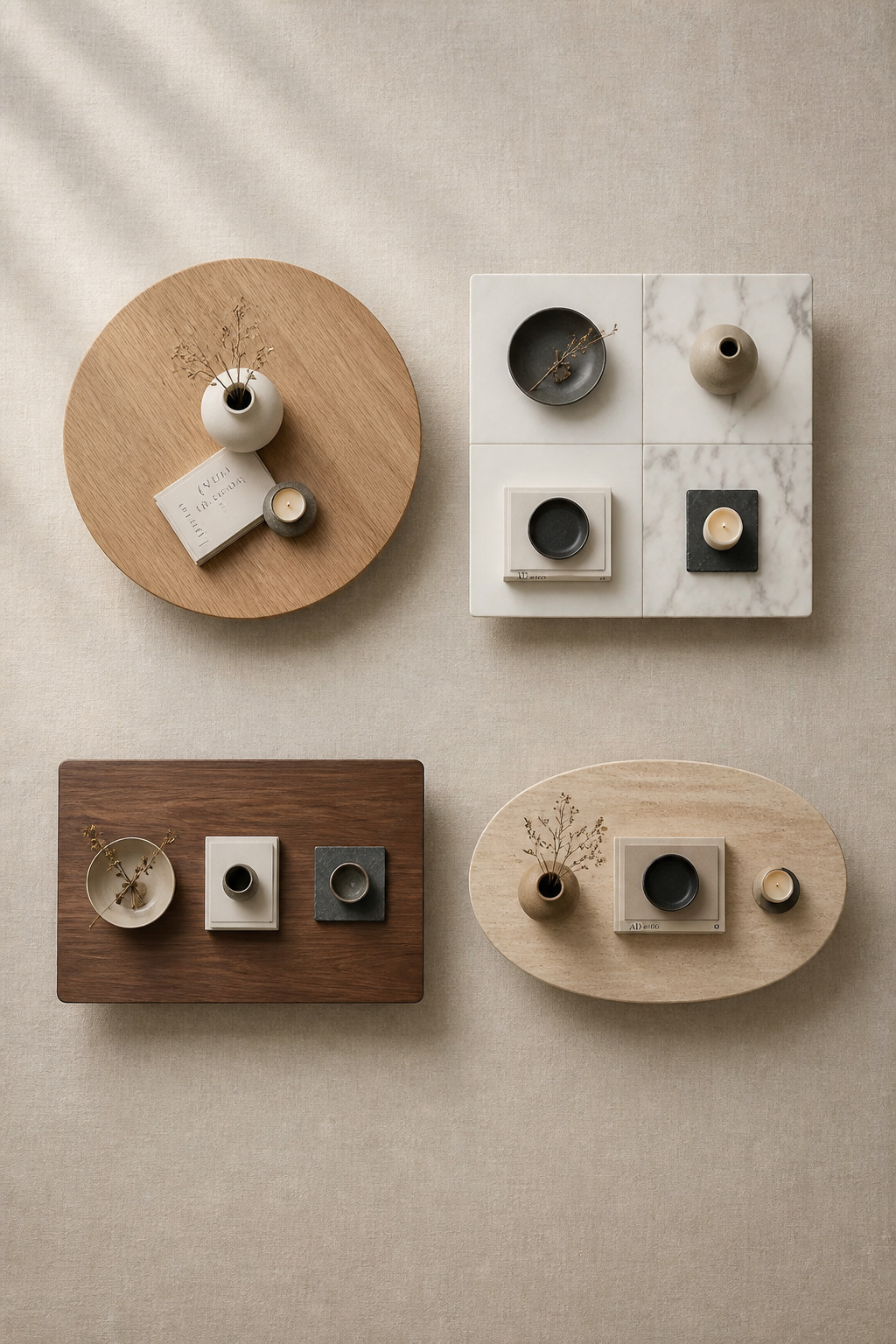 Four coffee table shapes each styled with a layout formula suited to its geometry — round, square, rectangular, and oval