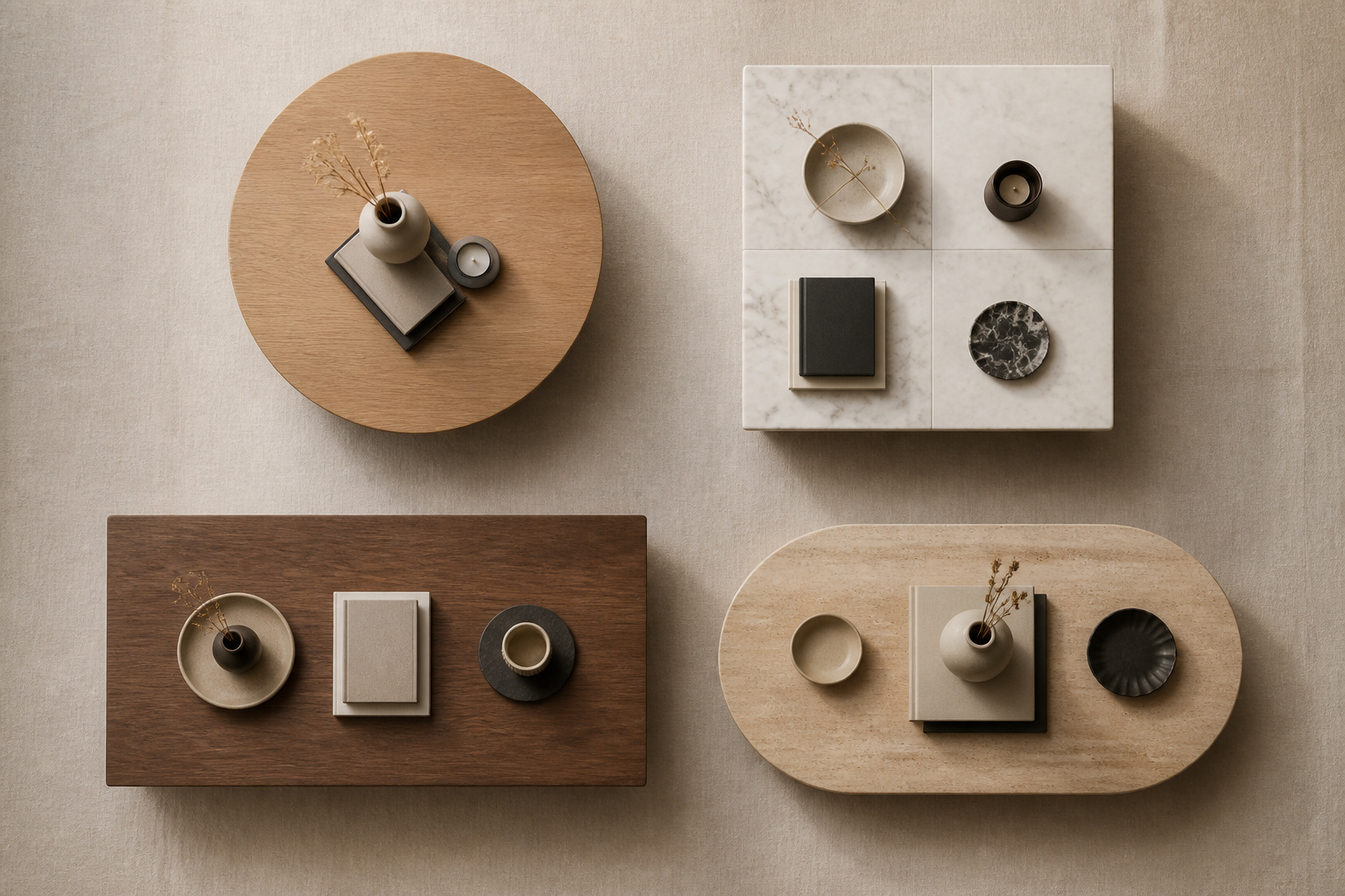 Four coffee table shapes each styled with a layout formula suited to its geometry — round, square, rectangular, and oval