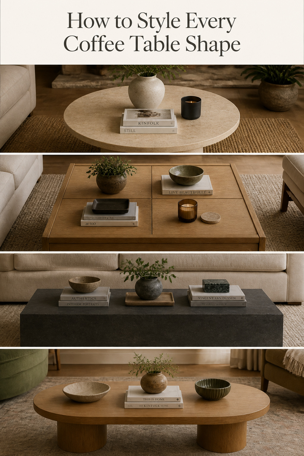 How to style every coffee table shape — round, square, rectangular, and oval — with the right layout formula for each