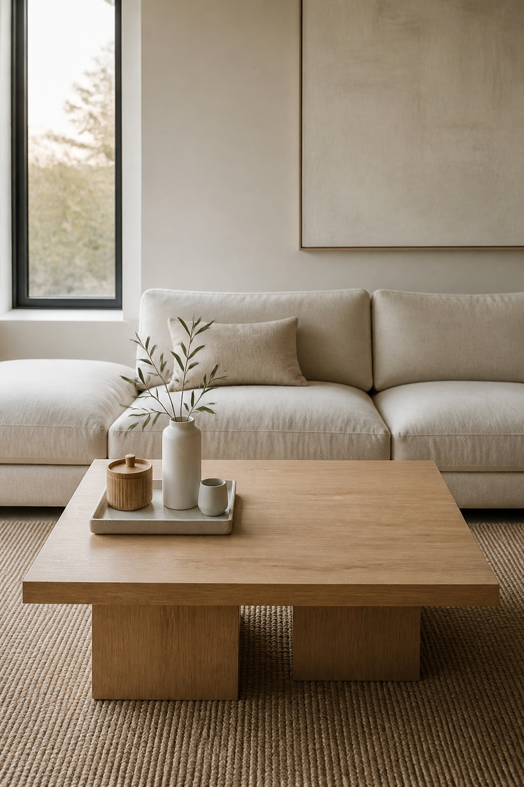 Oak coffee table showing restrained styling with tray, books and ceramic candle beside clear negative space in a bright Scandinavian living room