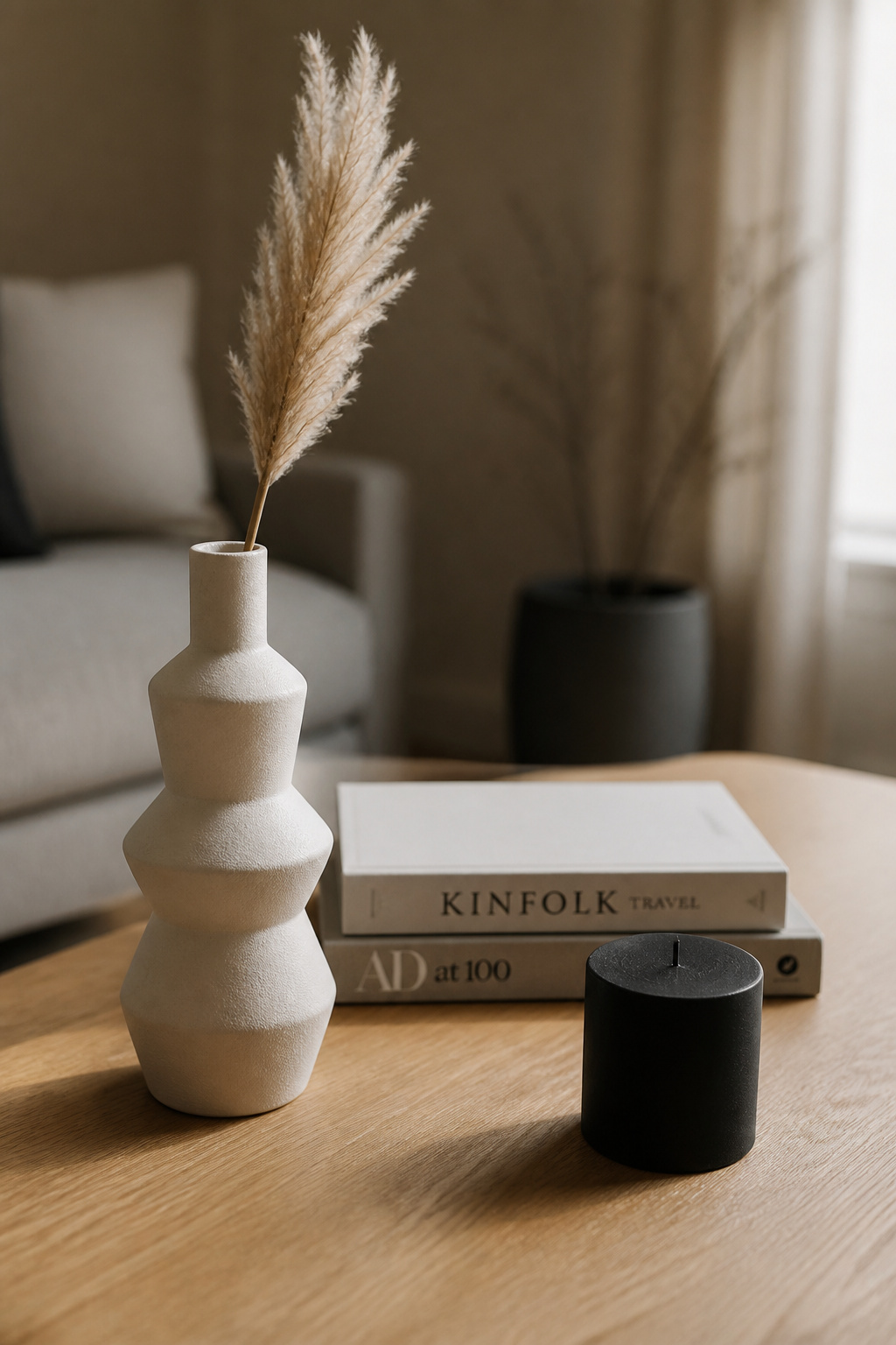 Coffee table vignette showing rule of three with tall ceramic vase, stacked books and low candle arranged at varied heights in a triangular composition