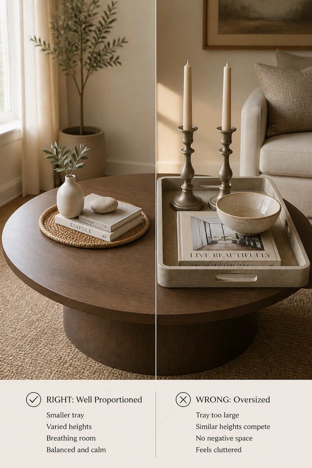 Side-by-side comparison on a compact round coffee table — left side correctly proportioned with a small 12-inch tray holding three varied-height objects, right side over-scaled with competing tall objects and covered surface