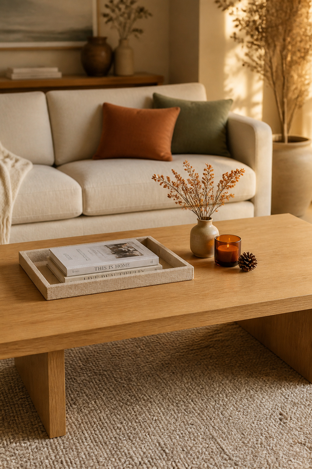Rectangular coffee table with seasonal autumn refresh: permanent linen tray and books as base layer with rotating amber candle, dried botanicals and pine cone accent