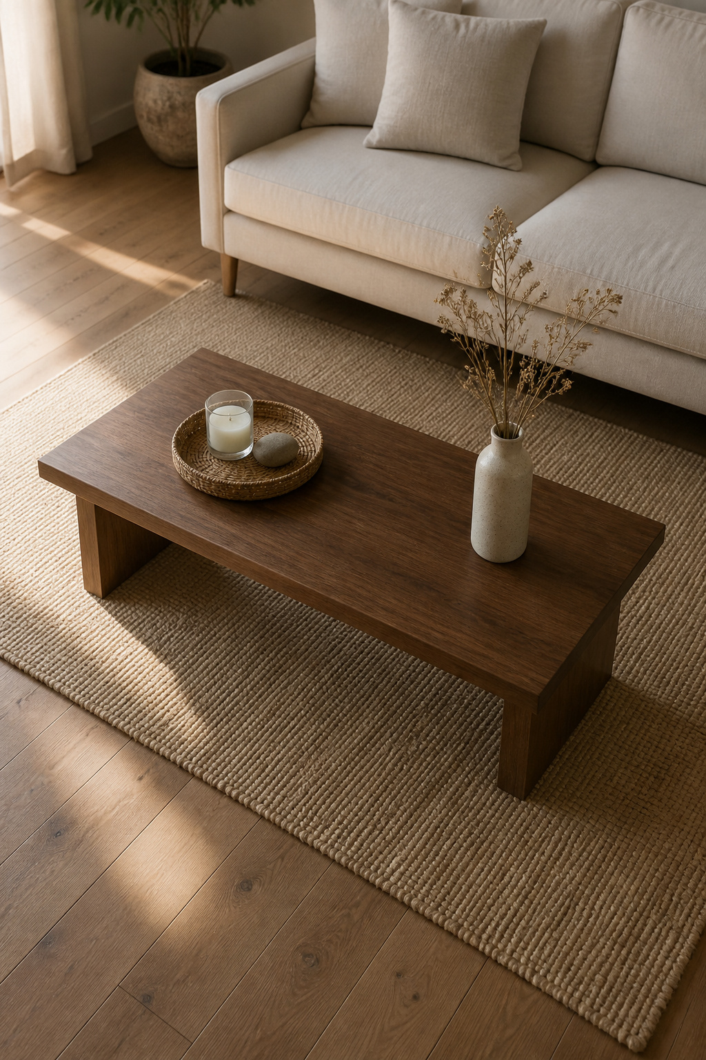 Rectangular walnut coffee table in correct proportion to cream sofa — two-thirds the sofa length — with front legs anchored on a linen rug, and a contrasting round tray as the styling element