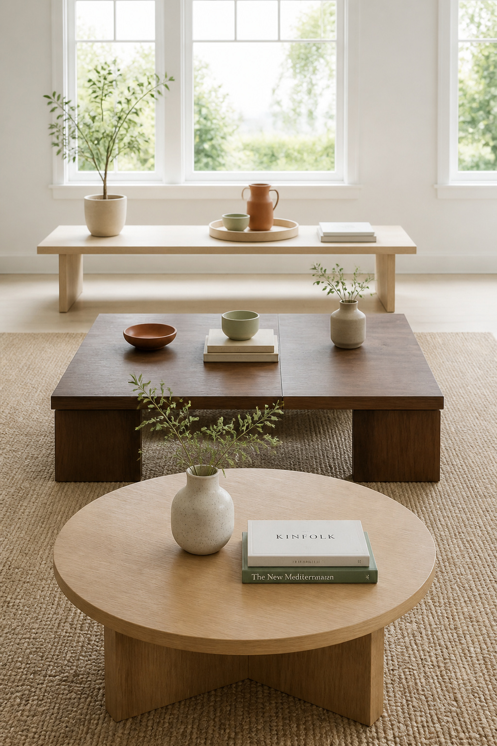 Three coffee tables styled by shape: round table with central cluster, square table with four-quadrant approach and rectangular table with three-section stretch in a bright Scandinavian living room
