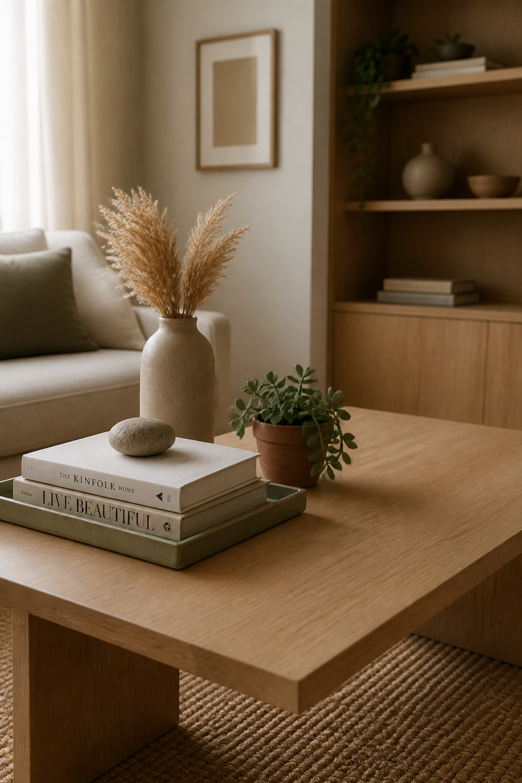 Rectangular oak coffee table being styled with tray, stacked books, pebble, tall ceramic vase with dried pampas and small succulent, with clear negative space remaining