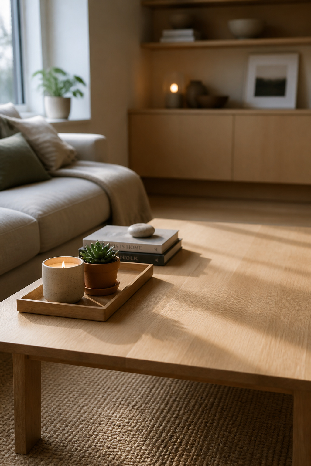Scandinavian living room coffee table styled with a wooden tray, stacked books, ceramic candle and small succulent, clear negative space visible on the oak surface
