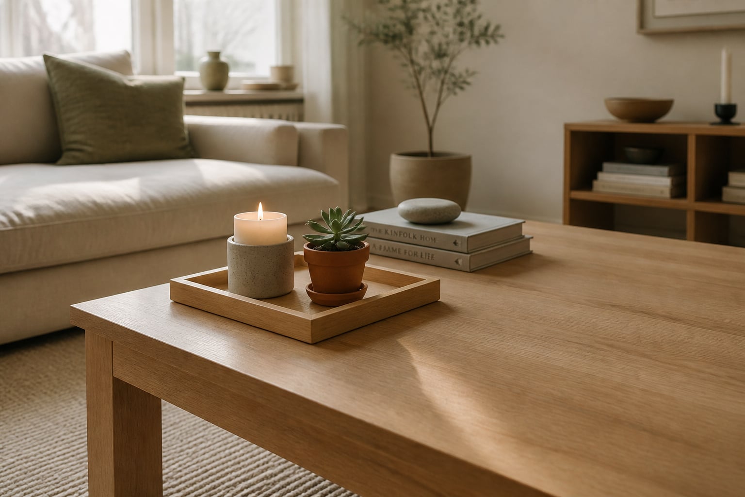 Scandinavian living room coffee table styled with a wooden tray, stacked books, ceramic candle and small succulent, clear negative space visible on the oak surface