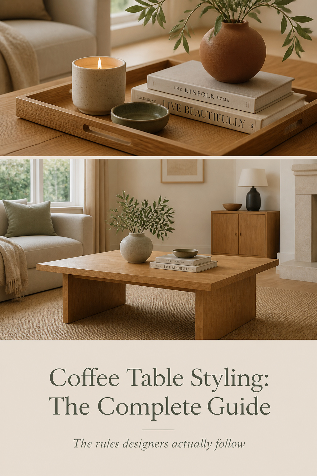 Pinterest collage showing coffee table styling ideas including a tray with candle and books, a minimalist Scandinavian table with plant, and a text overlay for a complete styling guide