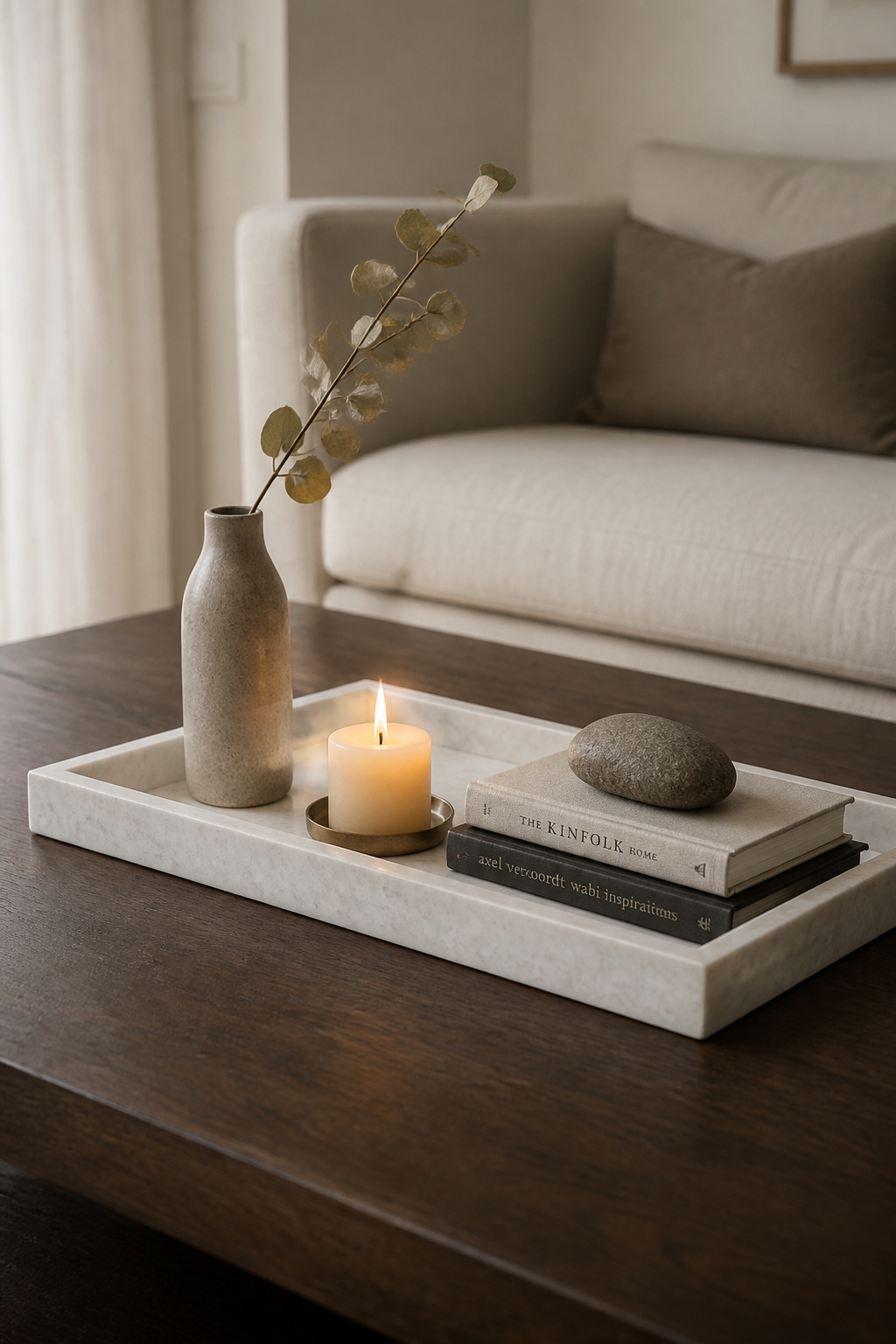 A marble tray on a dark walnut coffee table styled with a stoneware vase, beeswax candle, and book stack, demonstrating the height-filler-personal-touch coffee table tray decor formula