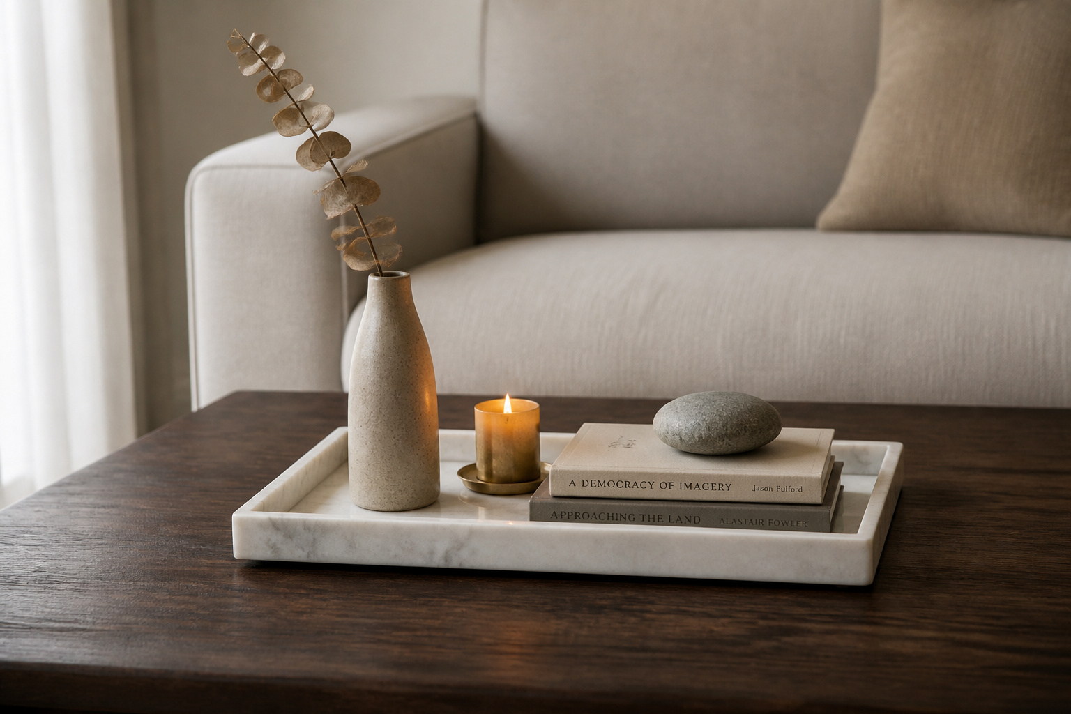 A marble tray on a dark walnut coffee table styled with a stoneware vase, beeswax candle, and book stack, demonstrating the height-filler-personal-touch coffee table tray decor formula