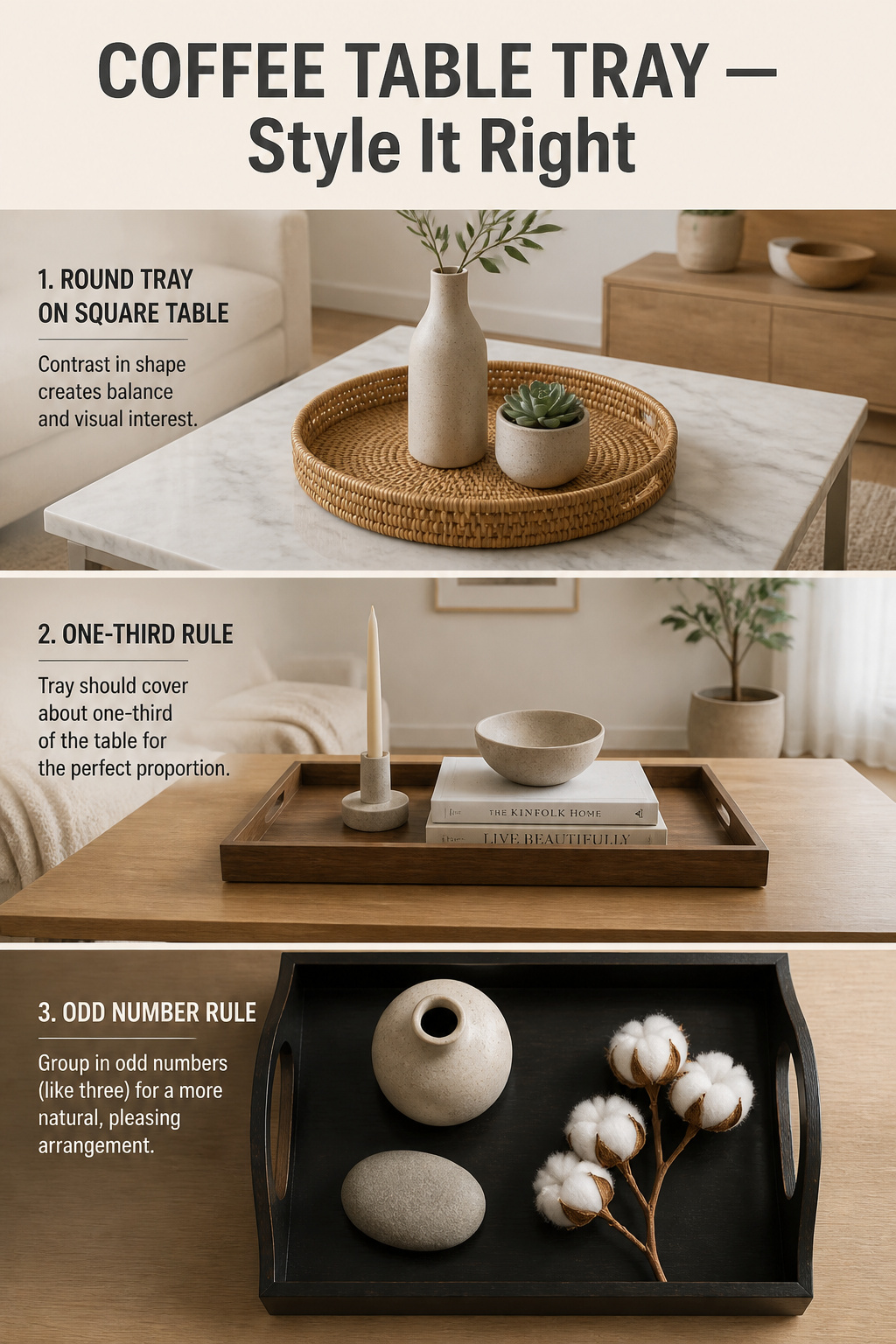 Pinterest collage showing three coffee table tray decor arrangements — rattan round tray on square table, walnut rectangular tray with candle and books, and overhead view of three objects in a lacquer tray — with headline 'Coffee Table Tray: Style It Right'