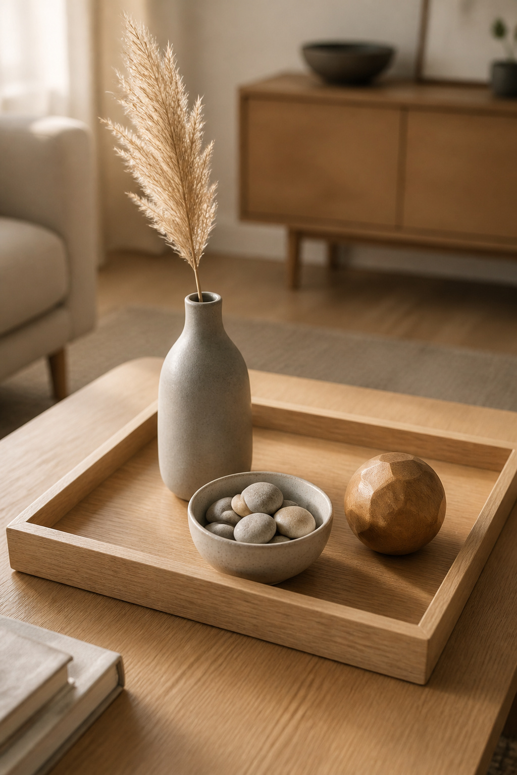 Close-up of a pale oak coffee table tray containing a stoneware vase, ceramic stone bowl, and wooden sculpture arranged in a visual triangle to demonstrate the height-filler-personal-touch formula