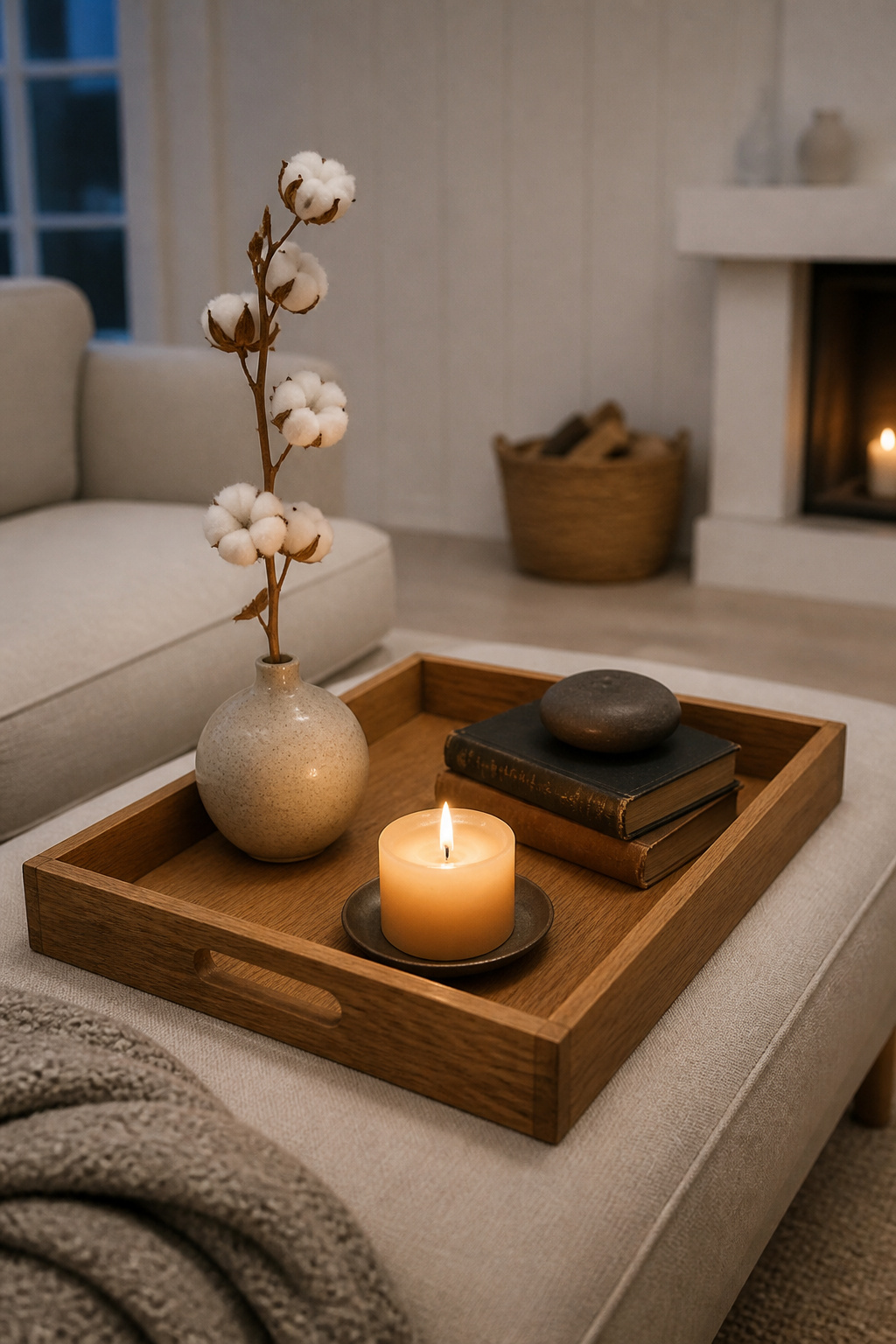 A warm oak tray on a linen ottoman styled in hygge manner with a beeswax candle, book stack with river stone, and dried cotton stem in a ceramic vase
