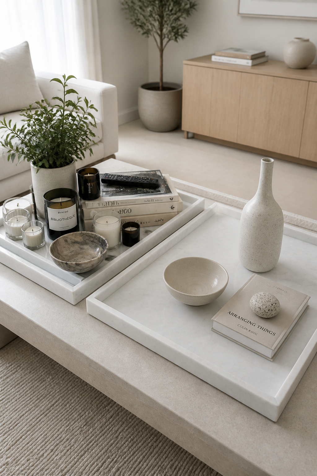 Side-by-side comparison of an overfilled coffee table tray versus a correctly edited tray with three objects and visible negative space