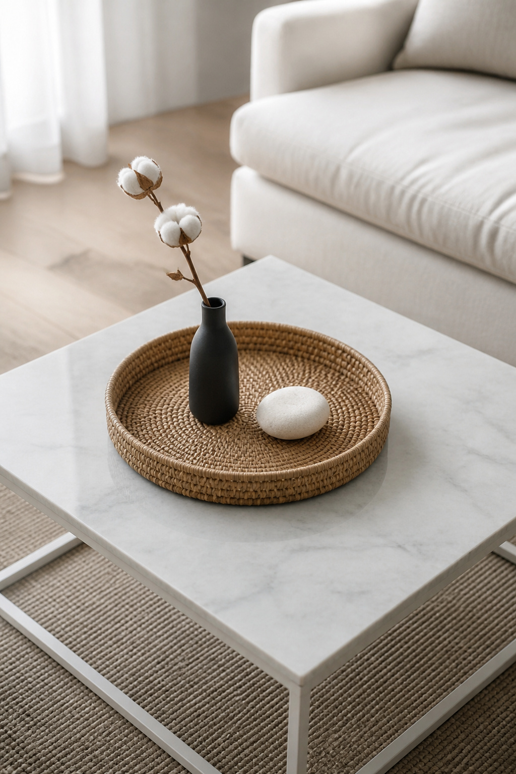 A round woven rattan tray sitting on a square marble coffee table, demonstrating the shape-contrast principle where circular geometry offsets the table's right angles