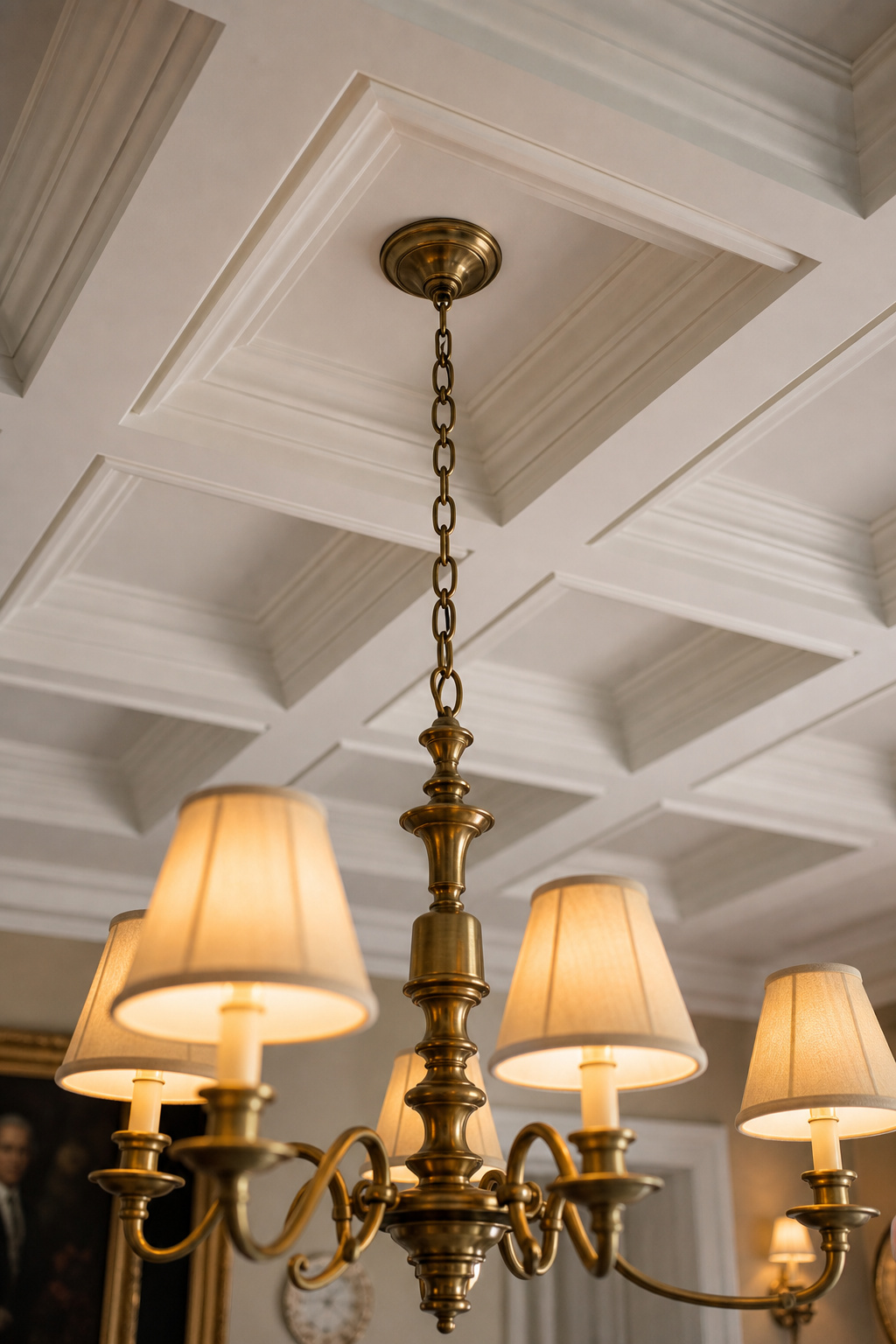 View looking up at a brass chandelier with fabric shades hanging from the geometric centre of a white coffered ceiling's central panel, the coffer grid receding symmetrically around it