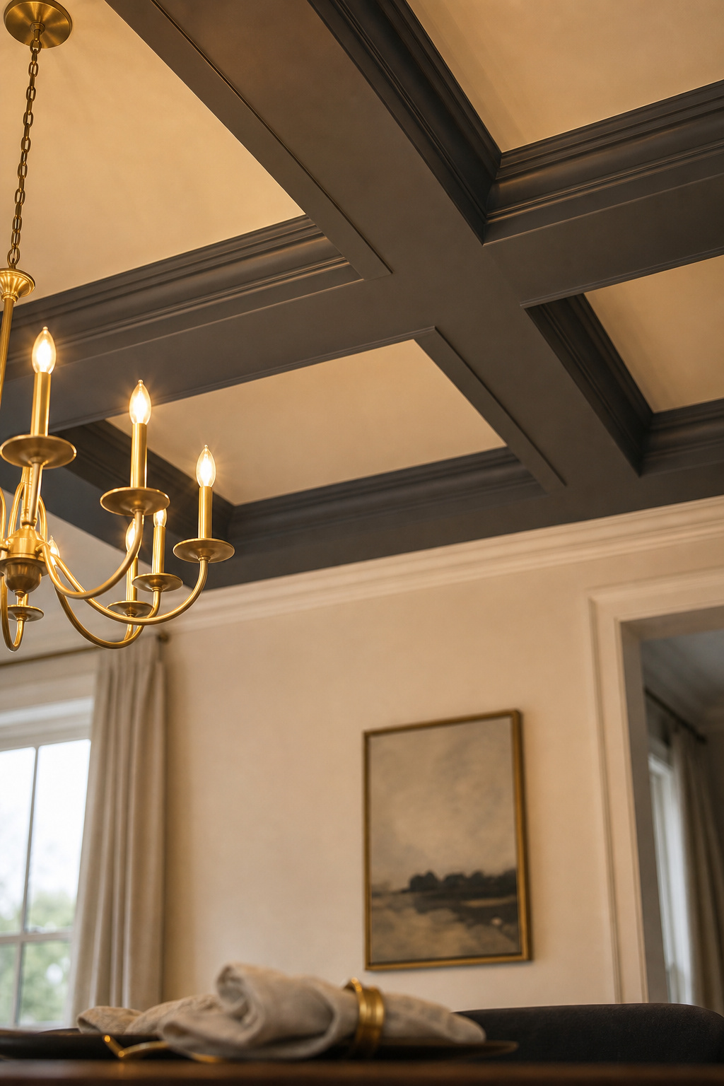 Upward view of a coffered dining room ceiling with charcoal grey beams contrasting against warm cream recessed panel faces, warm chandelier light