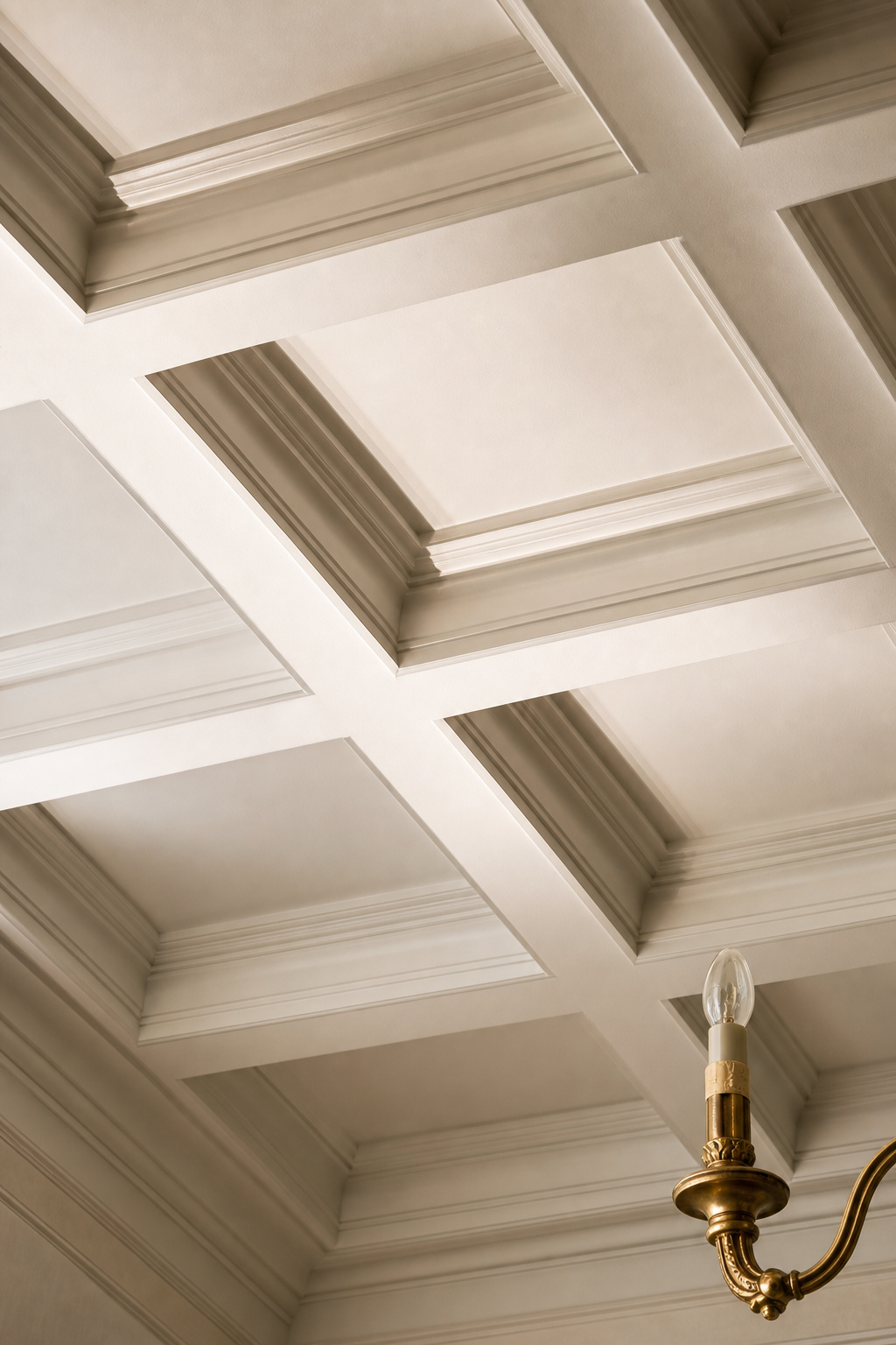 White coffered ceiling in a dining room, warm light casting shadows into recessed grid panels, brass chandelier visible