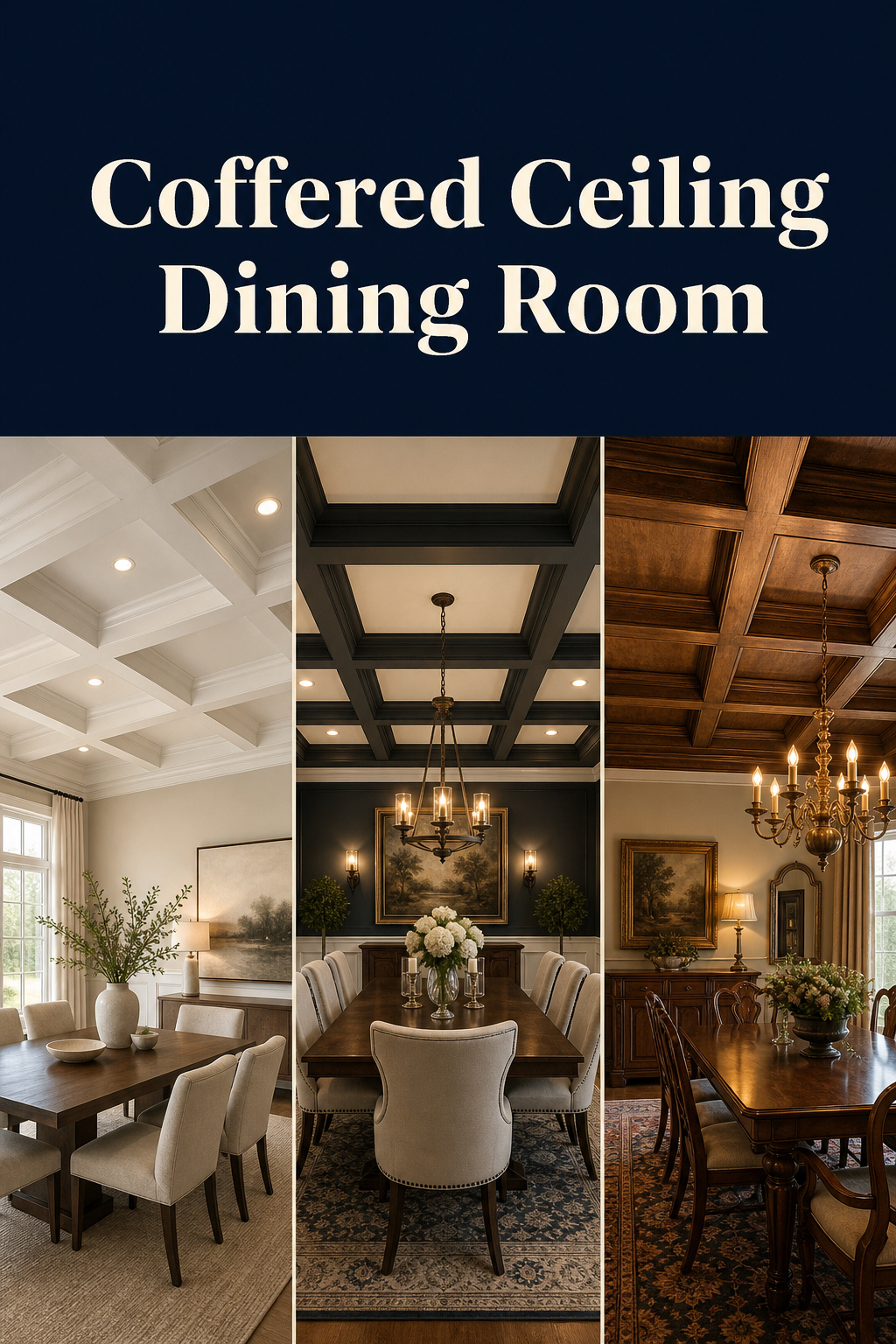 Pinterest pin collage showing three coffered ceiling dining room styles: monochrome white grid, contrast dark-beam grid, and real-wood stained coffered ceiling
