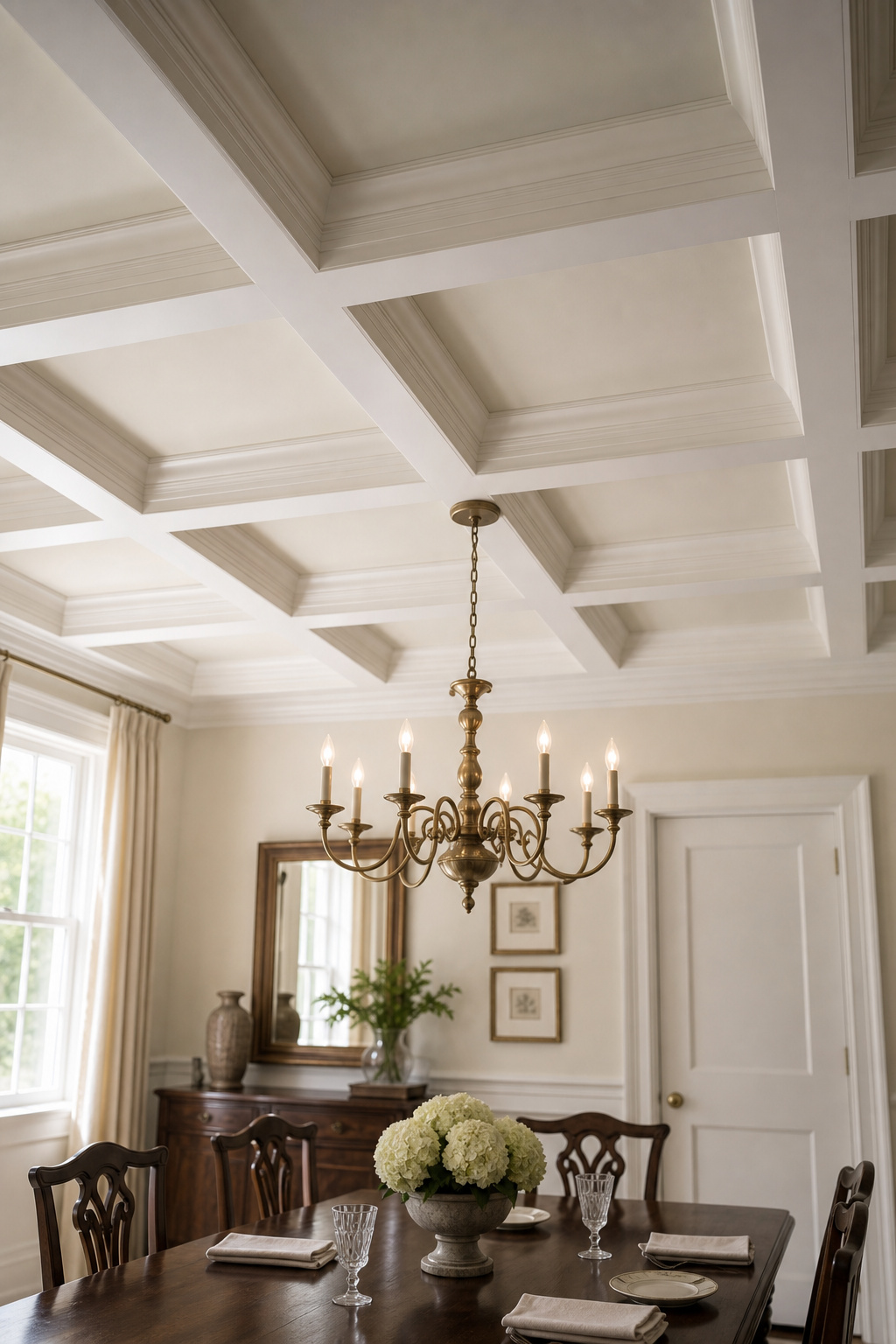 Wide-angle view of a formal dining room with a white painted coffered ceiling in a 3x3 grid, brass chandelier centred in the middle coffer, dark walnut dining table below