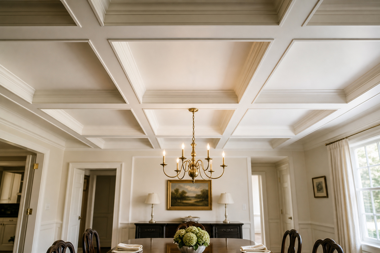 Wide-angle view of a formal dining room with a white painted coffered ceiling in a 3x3 grid, brass chandelier centred in the middle coffer, dark walnut dining table below