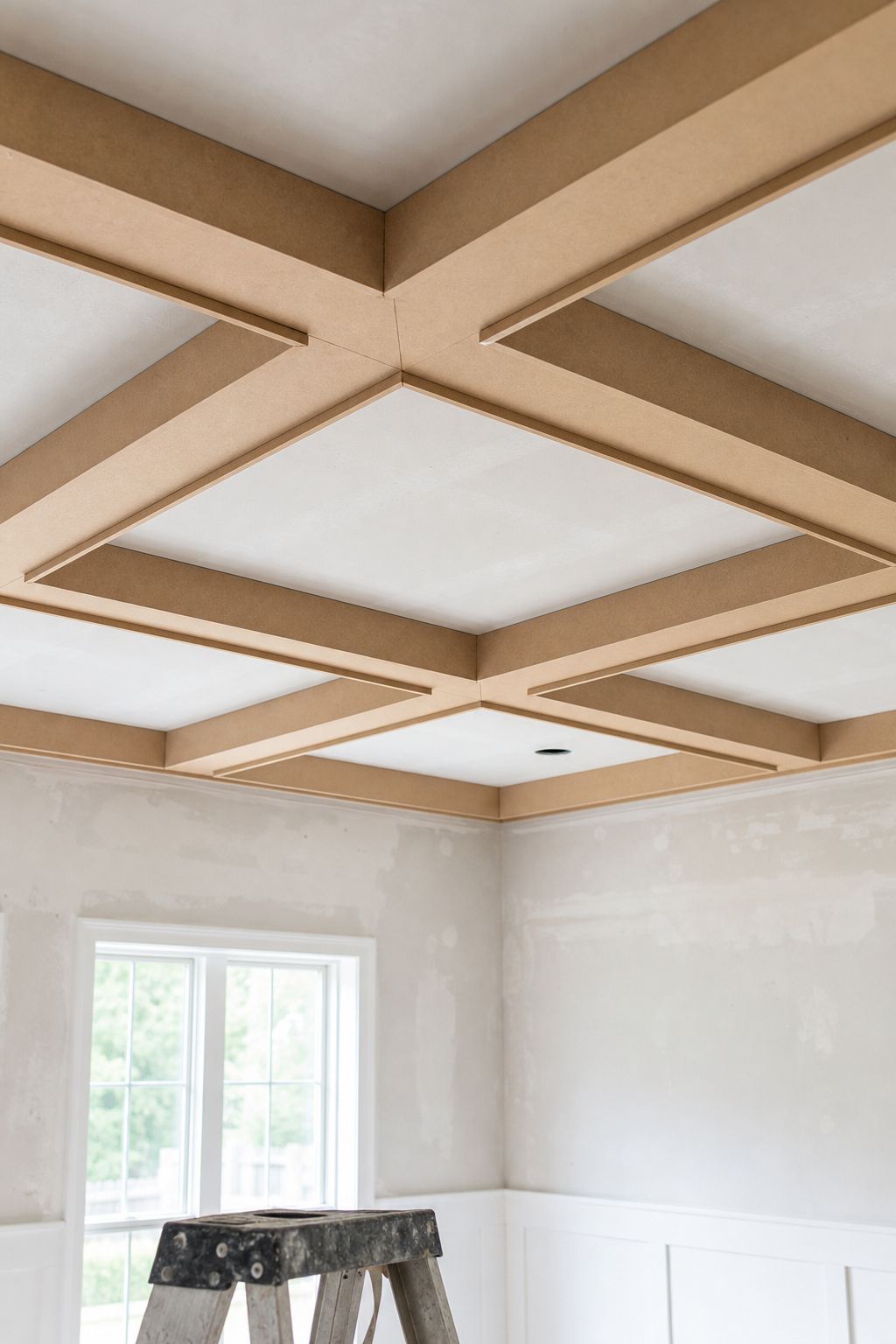 Unpainted MDF coffered ceiling beam grid installed in a dining room prior to priming and painting, showing the 3x3 framing structure