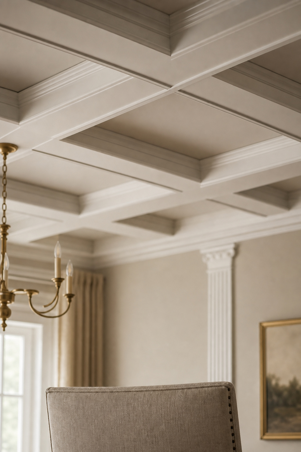 Looking up at a white coffered ceiling in a formal dining room, beam intersections in sharp focus, deep shadow lines in the recessed panels