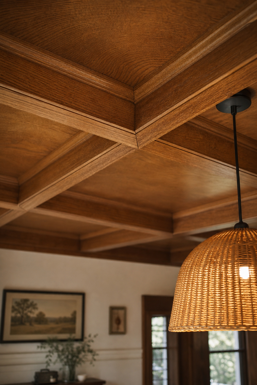 Close view of a real-wood stained coffered ceiling with quarter-sawn oak beams showing natural grain, in a warm dining room setting