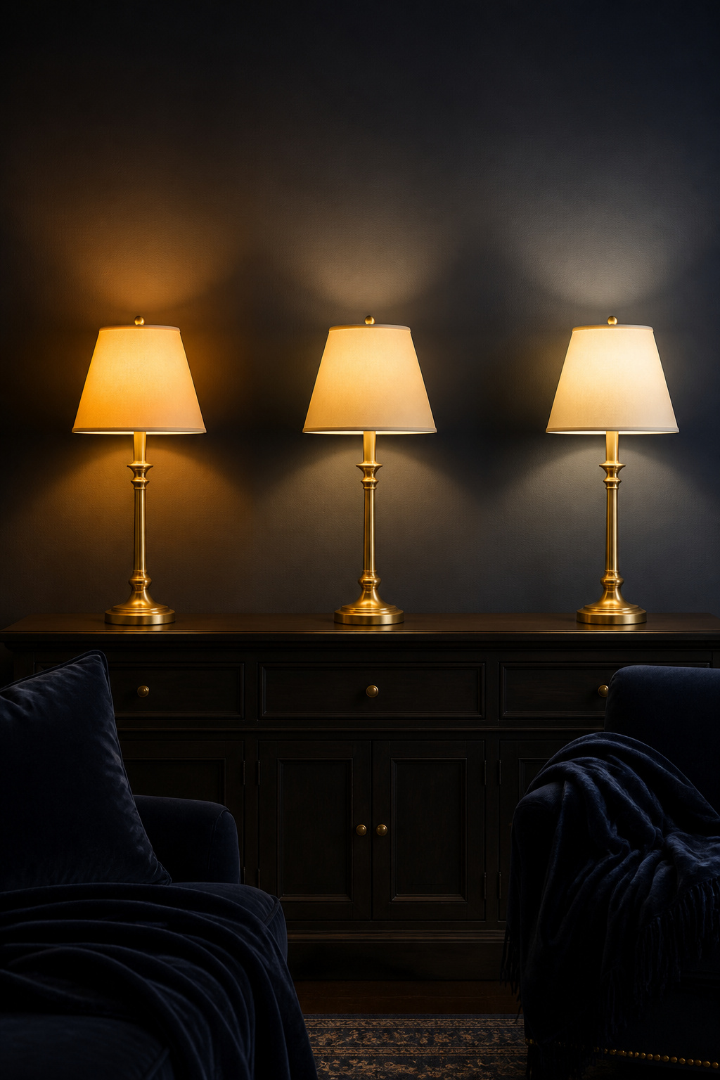 Three table lamps showing 2200K amber, 2700K warm white and 3000K slightly cooler light against a deep navy moody wall