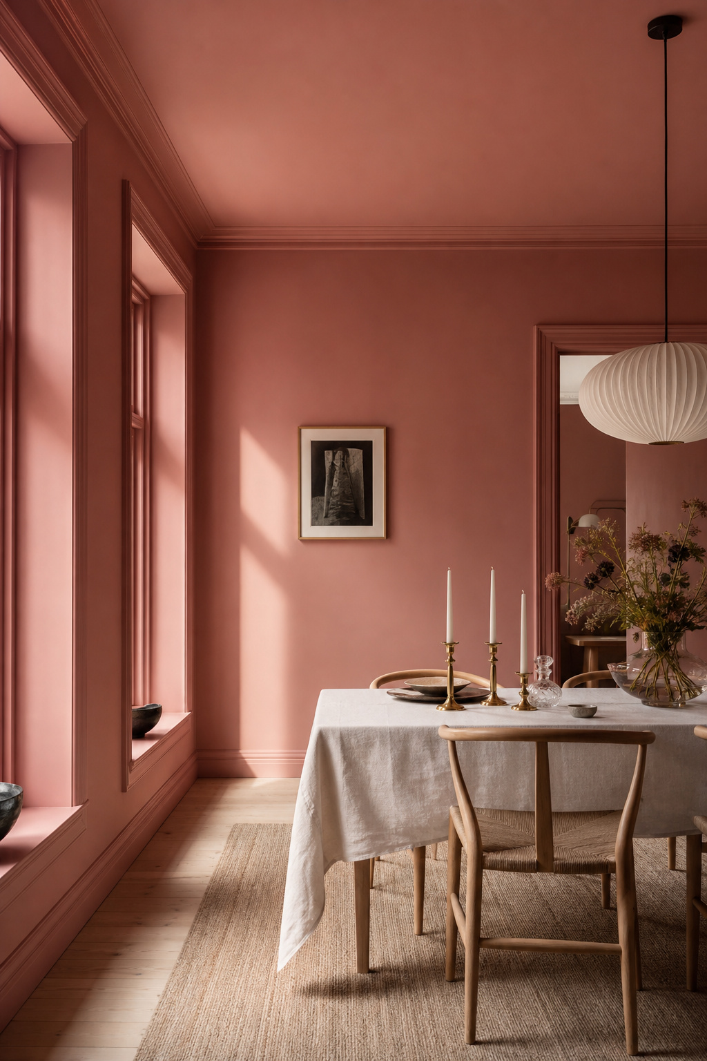 Dining room fully colour-drenched in warm dusty rose with ceiling, walls and trim all the same tone