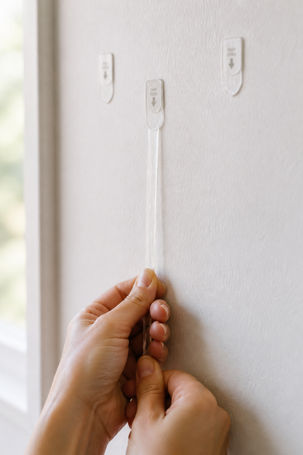 Close-up of hands removing a Command Picture Hanging Strip by pulling the tab straight down against a white wall