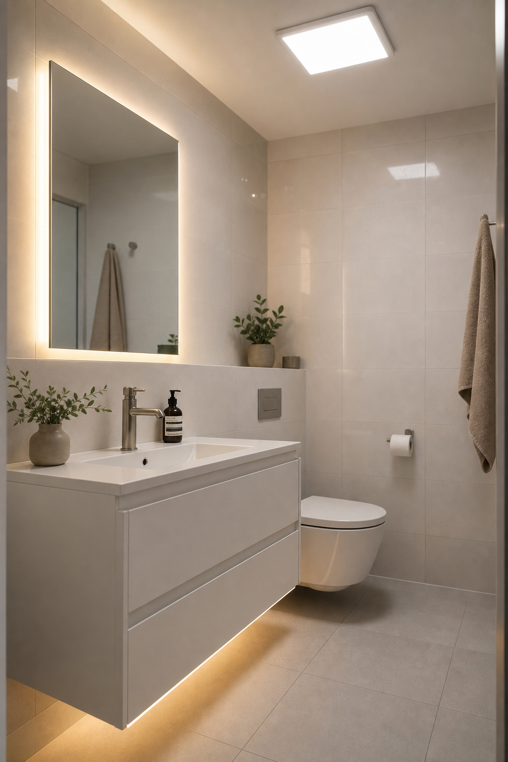 Compact bathroom interior showing three lighting layers active — flush LED ceiling panel, backlit lighted mirror at vanity height and warm LED toe-kick strip at floor level