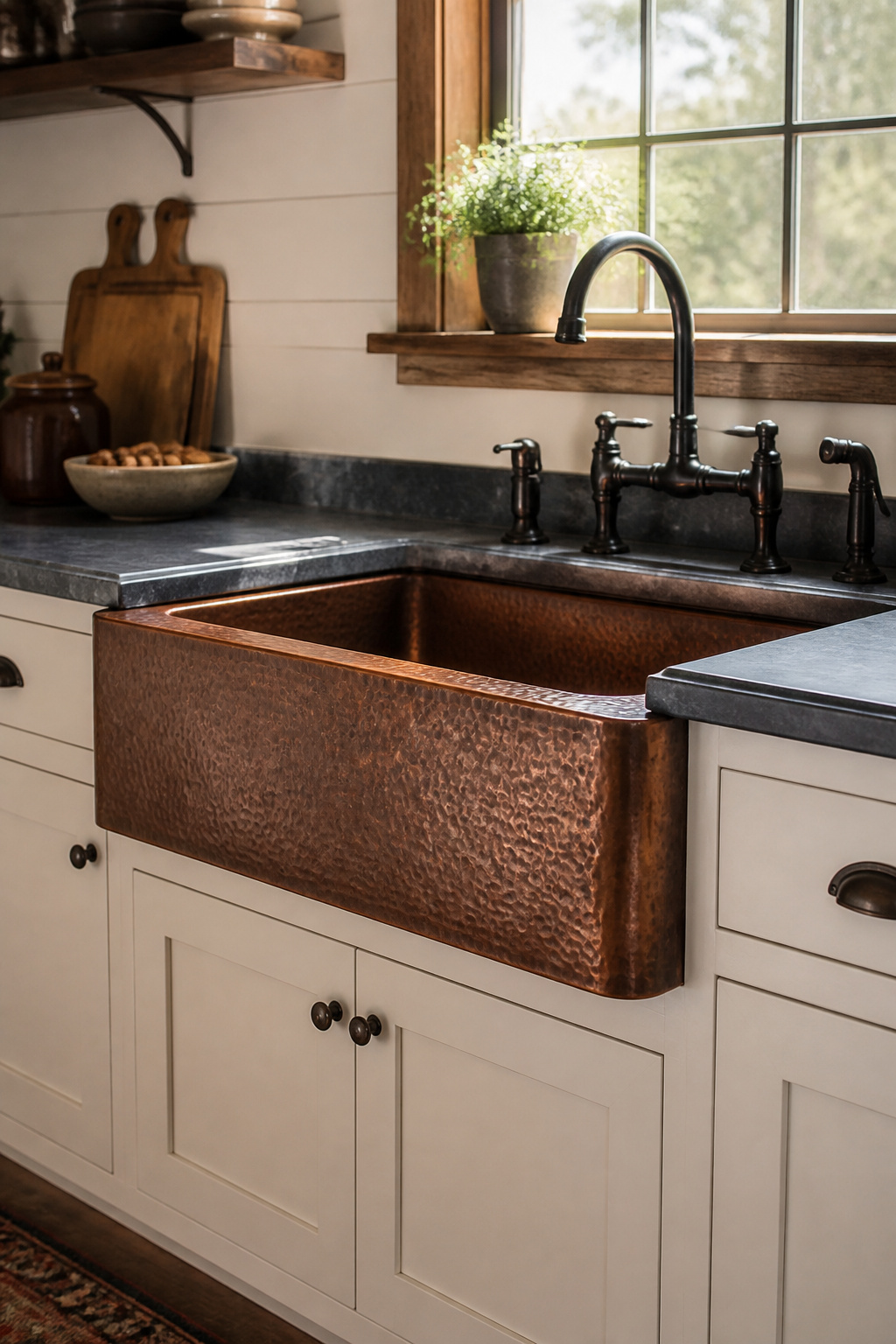 Copper farmhouse sink with hand-hammered finish and living patina installed in a white cabinet kitchen with soapstone countertop
