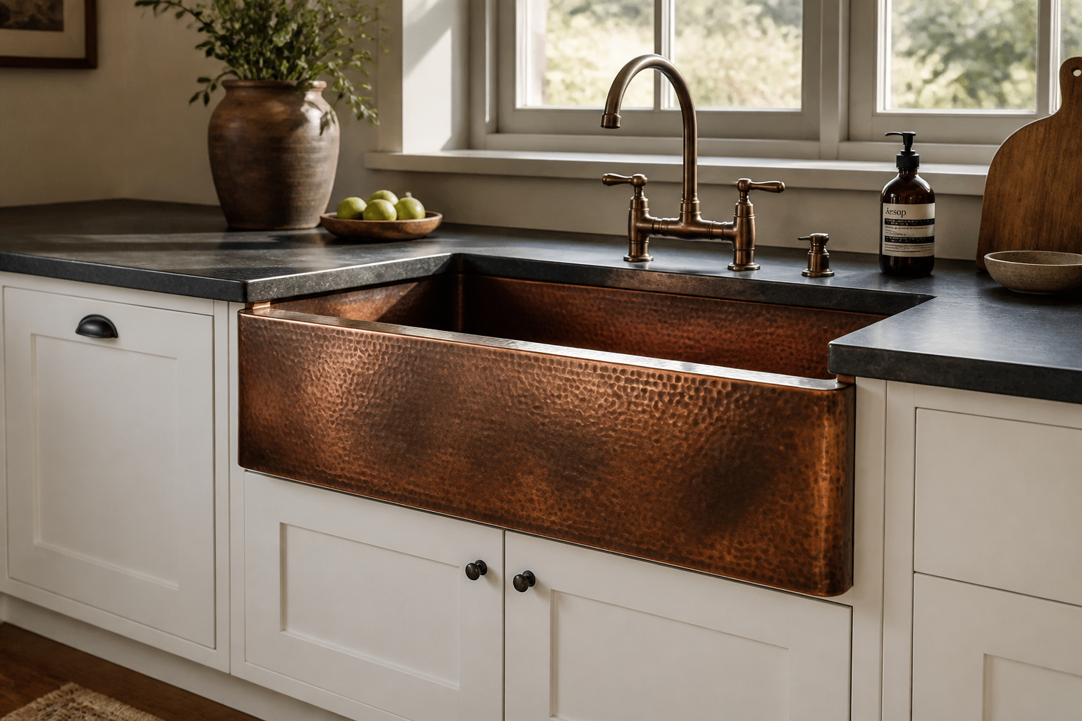 Copper farmhouse sink with hand-hammered finish and living patina installed in a white cabinet kitchen with soapstone countertop