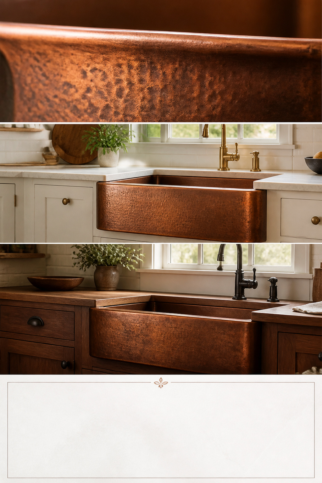 Pinterest collage showing copper farmhouse sink ideas including hammered patina detail, white cabinet pairing, and wood countertop combination