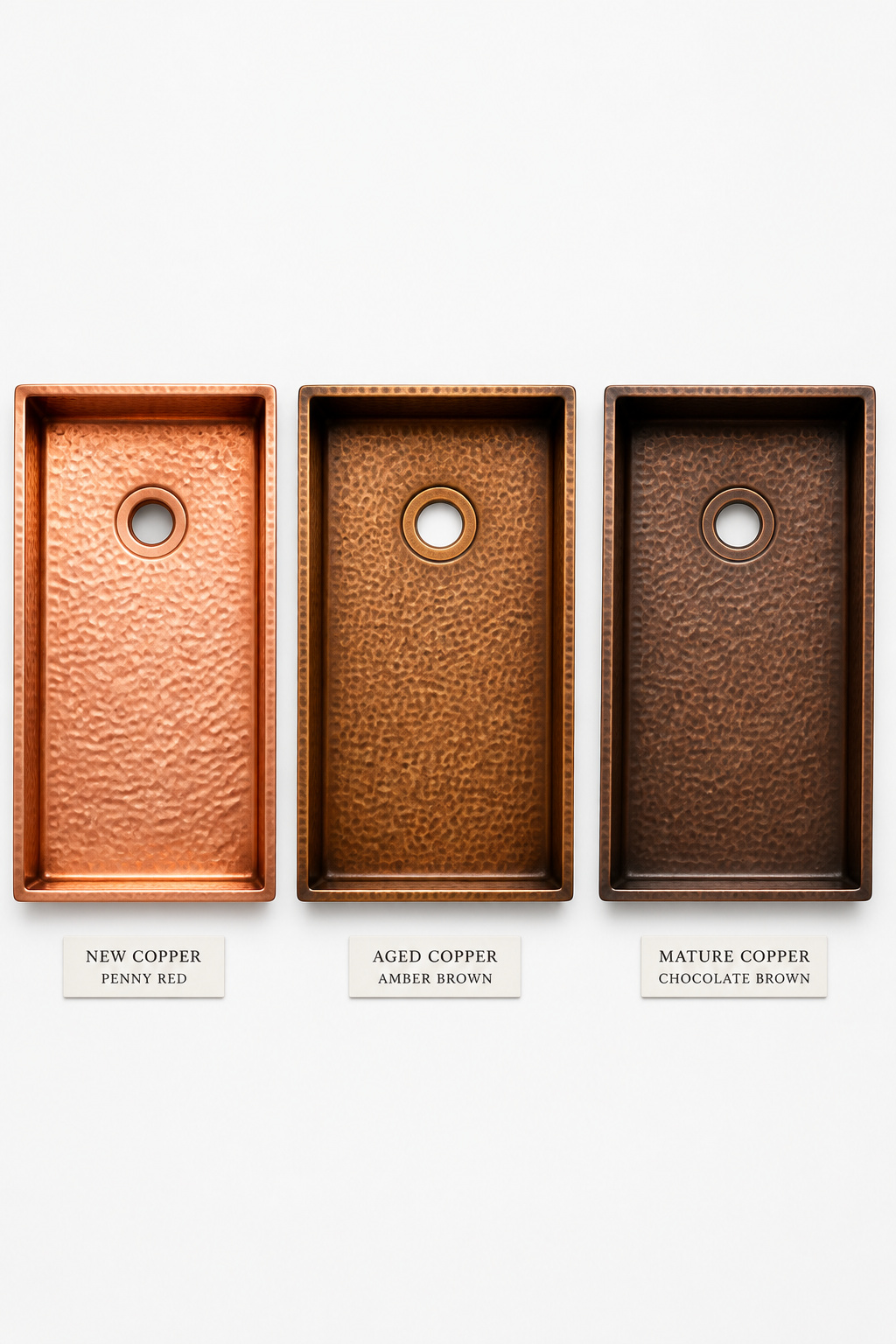 Three copper patina stages from bright penny red to warm amber to deep chocolate brown showing natural colour development