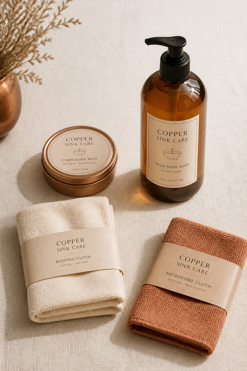 Copper sink care products including carnauba wax tin, microfibre cloth, and mild dish soap for maintaining copper farmhouse sink patina
