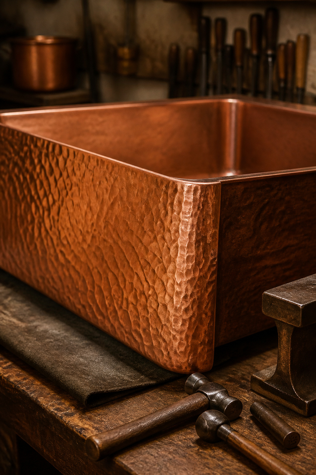 Hand-hammered copper sink apron showing artisan tool marks and warm amber copper surface texture