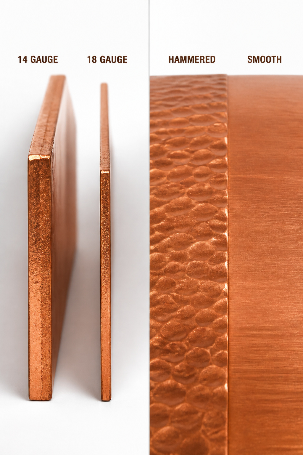 Side-by-side comparison of 14 gauge vs 18 gauge copper thickness and hammered vs smooth copper farmhouse sink finish
