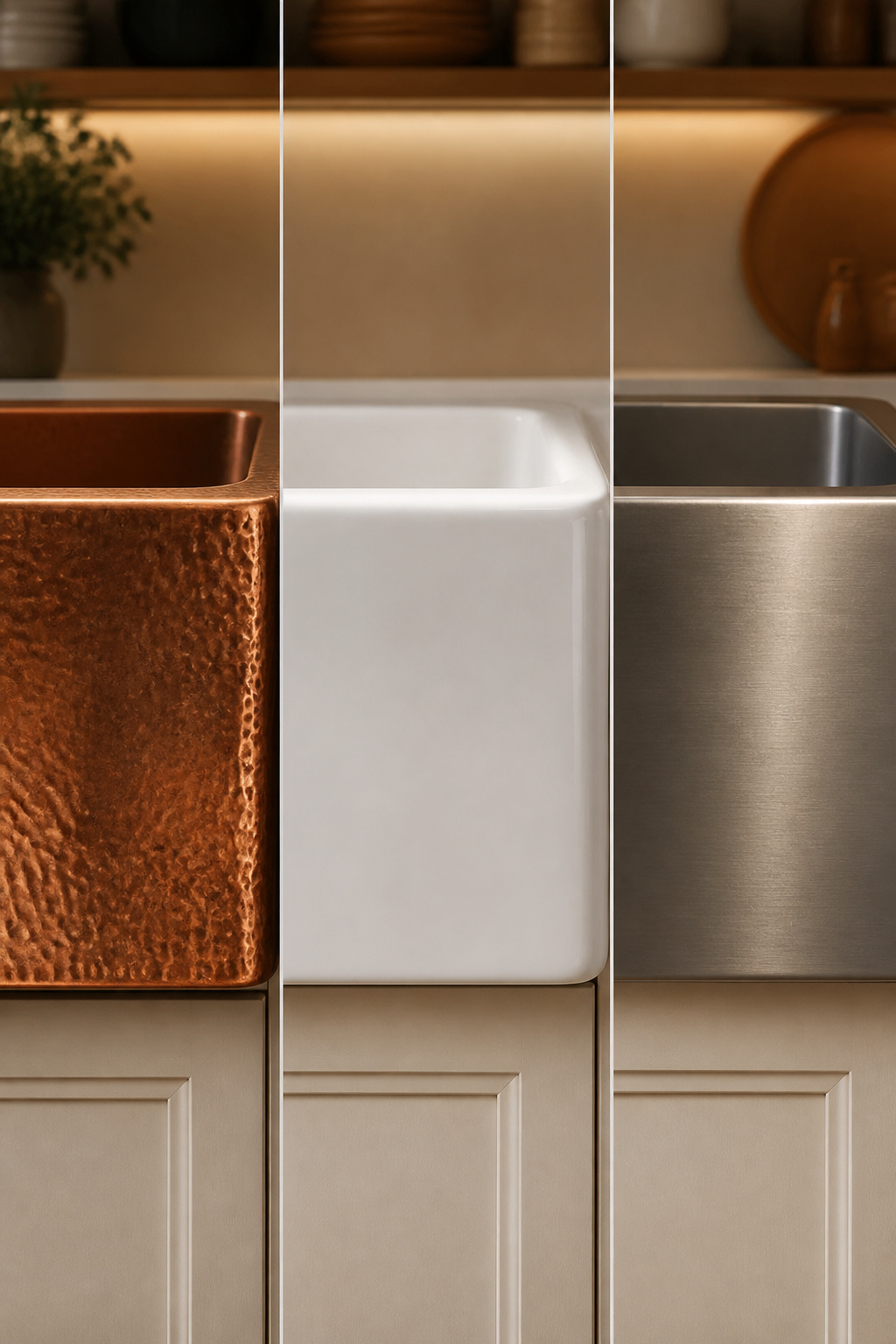Side-by-side apron front comparison of copper farmhouse sink, white fireclay farmhouse sink, and stainless steel farmhouse sink
