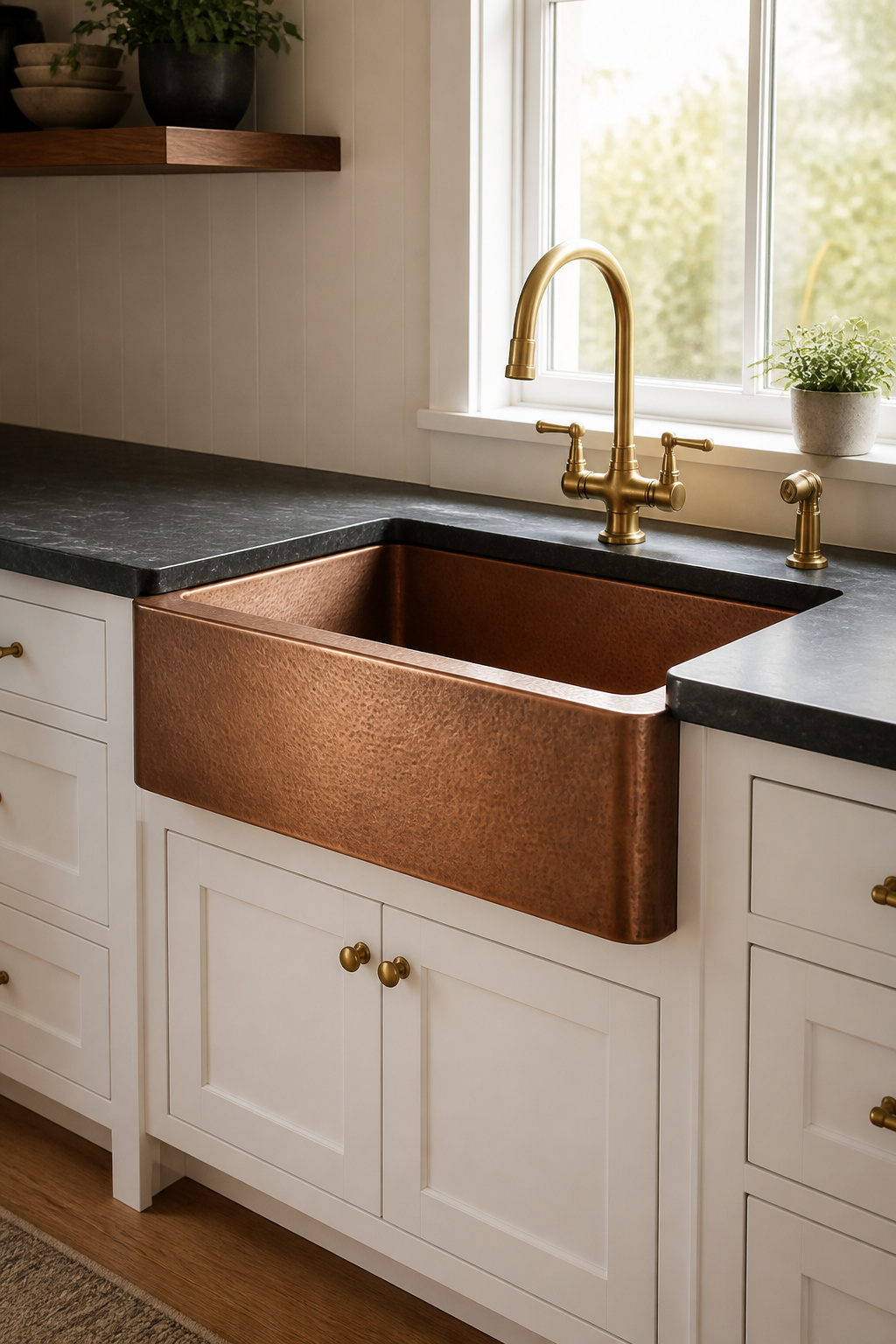 Copper farmhouse sink with white shaker cabinets, soapstone countertop, unlacquered brass faucet, and walnut floating shelf