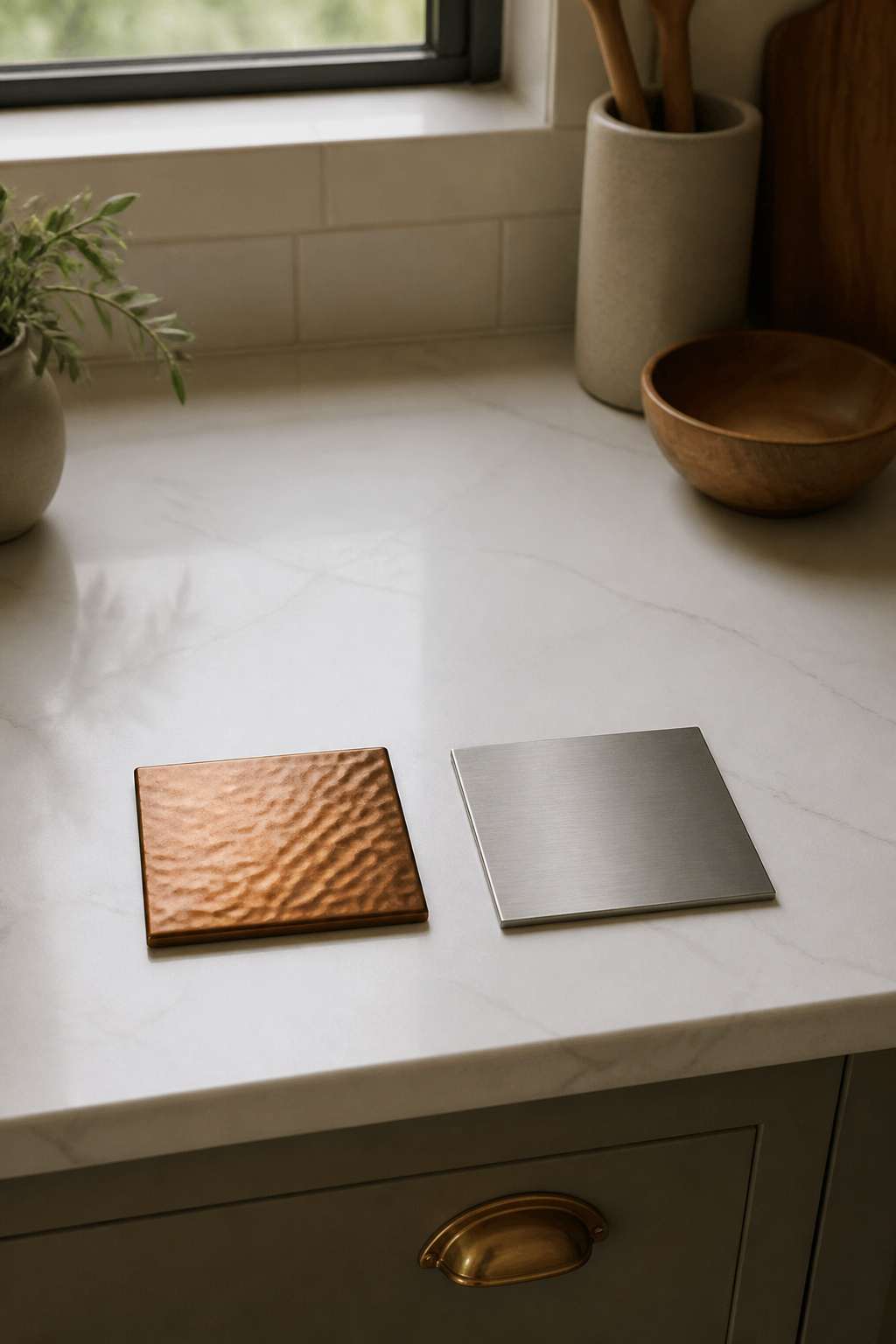 Copper and stainless steel farmhouse sink material swatches representing the metal alternatives to fireclay and cast iron